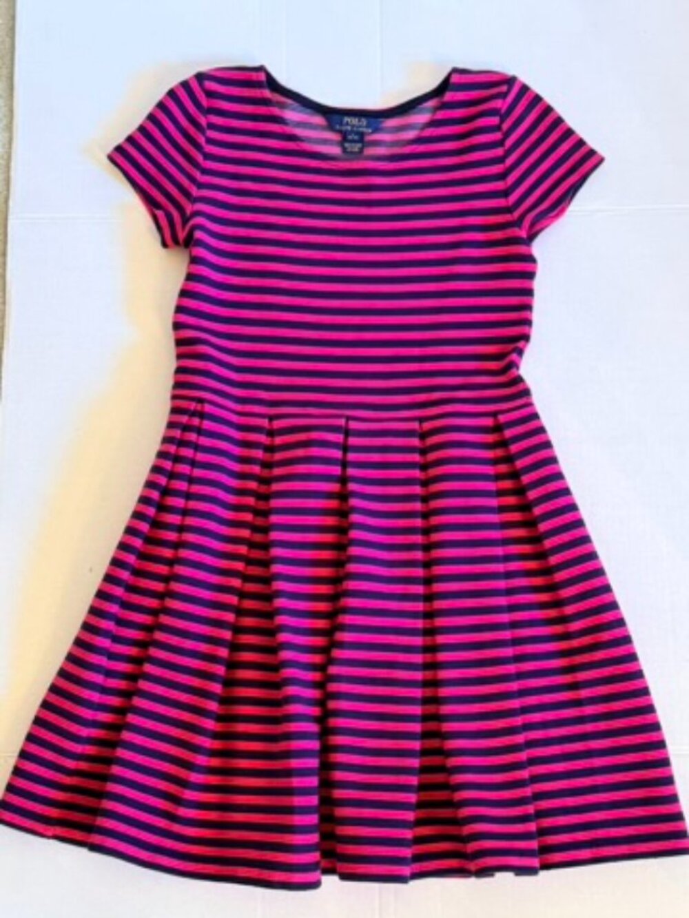 Polo Ralph Lauren Girls L 12-14 Pink Navy Stripe Pleated Dress